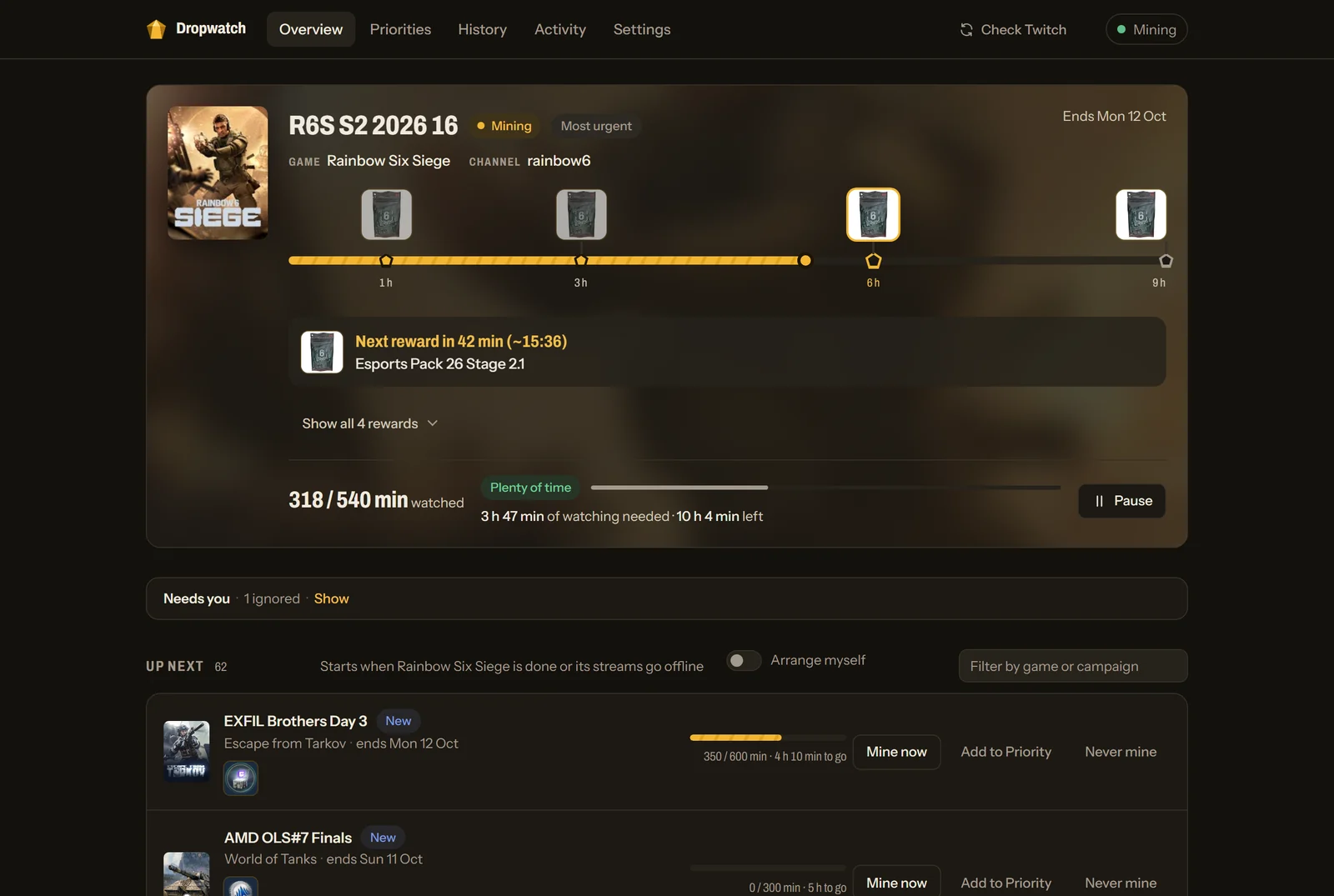 Dropwatch overview: the campaign being mined, its reward track and what's up next