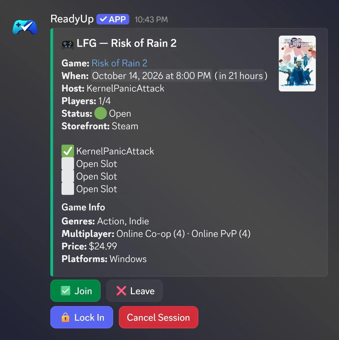 A ReadyUp LFG session card in Discord: Risk of Rain 2 on October 14 at 8 PM, one of four players in, with Join, Leave, Lock In and Cancel Session buttons